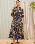 Designer printed midi dress: ALÉMAIS Jasper Shirtdress in Chocolate showing the braided cord belt and concealed button placket.. LUXAMORE