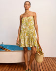 Alemais Kitty Mini Dress – Front view on model highlighting the statement print, sleeve silhouette, and relaxed mini dress tailoring. LUXAMORE