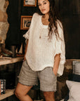 Alemais Sustainable Florence-Shirt close up worn by model LUXAMORE