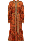 Silk midi shirt dress: ALÉMAIS Monkey Dance Silk Shirtdress in rust featuring a playful graphic print and pointed collar. LUXAMORE