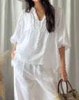 Alemais Sustainable Florence-Shirt close up worn by model LUXAMORE