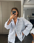 Alemais Sustainable Florence-Shirt close up worn by model LUXAMORE