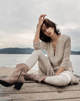Woman Wearing Estilo Emporio Linen Stretch Pant - Natural - Pants LUXAMORE
