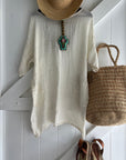 Woman Wearing Estilo Emporio Shore Linen Dress - Rete Panna - Dress LUXAMORE