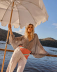 Woman Wearing Estilo Emporio Oboe Linen Shirt - Rete Anthracite - Top LUXAMORE