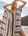 Woman Wearing Estilo Emporio Polla Maxi Kaftan Dark Chocolate Stripe - Dress LUXAMORE