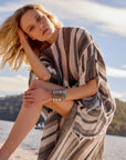 Woman Wearing Estilo Emporio Polla Maxi Kaftan Dark Chocolate Stripe - Dress LUXAMORE