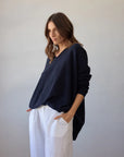 Estilo Emporio Zoe Cashmere - Navy sustainable knit worn by model in studio LUXAMORE