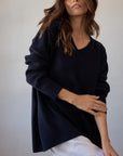 Estilo Emporio Zoe Cashmere - Navy sustainable knit worn by model in studio LUXAMORE