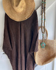 Woman Wearing La Bottega di Brunella Linen Dress Fausta Garzata - Chocolate - Dress LUXAMORE