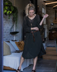 Woman Wearing La Bottega di Brunella Linen Dress Vestito Fausta Campagna - Chocolate - Dress LUXAMORE