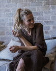 Woman Wearing La Bottega di Brunella Linen Dress Vestito Fausta Campagna - Chocolate - Dress LUXAMORE