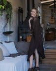Woman Wearing La Bottega di Brunella Linen Dress Vestito Fausta Campagna - Chocolate - Dress LUXAMORE
