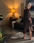 Woman Wearing La Bottega di Brunella Linen Dress Vestito Fausta Campagna - Chocolate - Dress LUXAMORE