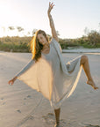 Woman Wearing La Bottega di Brunella Linen Dress Vestito Fausta Garzata - Natural - Dress LUXAMORE