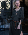 Woman Wearing La Bottega di Brunella Linen Dress Vestito Fausta Campagna - Chocolate - Dress LUXAMORE