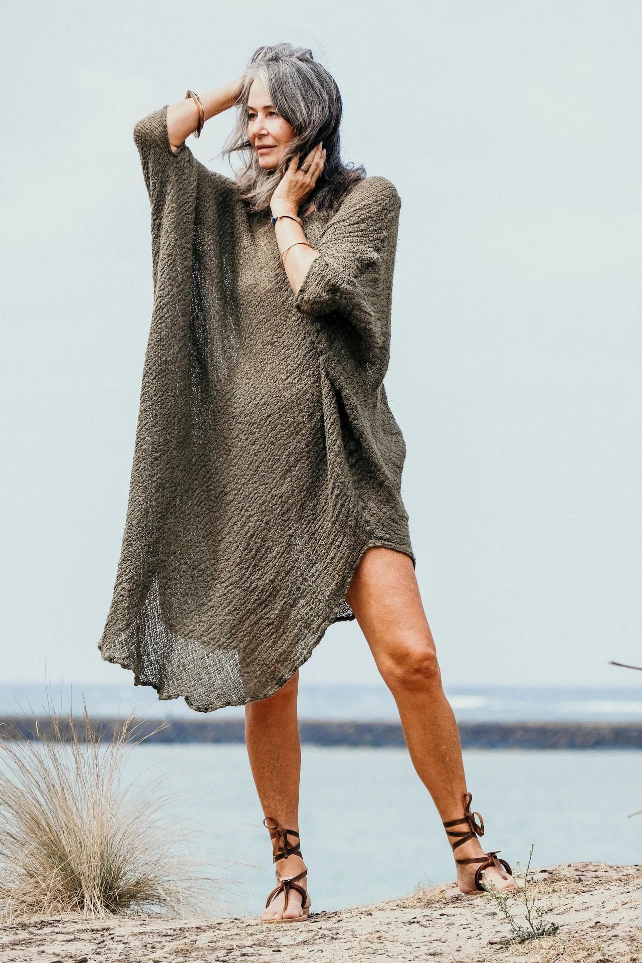 Woman Wearing La Bottega di Brunella Linen Dress Vestito Fausta Campagna - Fossil - Dress LUXAMORE