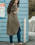 Woman Wearing La Bottega di Brunella Linen Dress Vestito Fausta Campagna - Fossil - Dress LUXAMORE