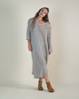 La Bottega di Brunella Linen Dress Vestito Fausta Campagna - Natural worn by model in natural setting LUXAMORE