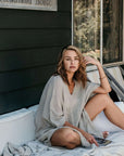 Woman Wearing La Bottega di Brunella Linen Dress Vestito Fausta Garzata - Natural - Dress LUXAMORE
