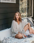 Woman Wearing La Bottega di Brunella Linen Dress Vestito Fausta Garzata - Natural - Dress LUXAMORE
