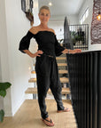 Woman Wearing La Bottega di Brunella Linen Pants Black - Pants LUXAMORE