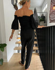 La Bottega di Brunella Pantalone Agathos Linen Pants Black worn by model in natural setting LUXAMORE