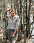 La Bottega di Brunella Pantalone Agathos Linen Pants - Fossil worn by model in natural setting LUXAMORE