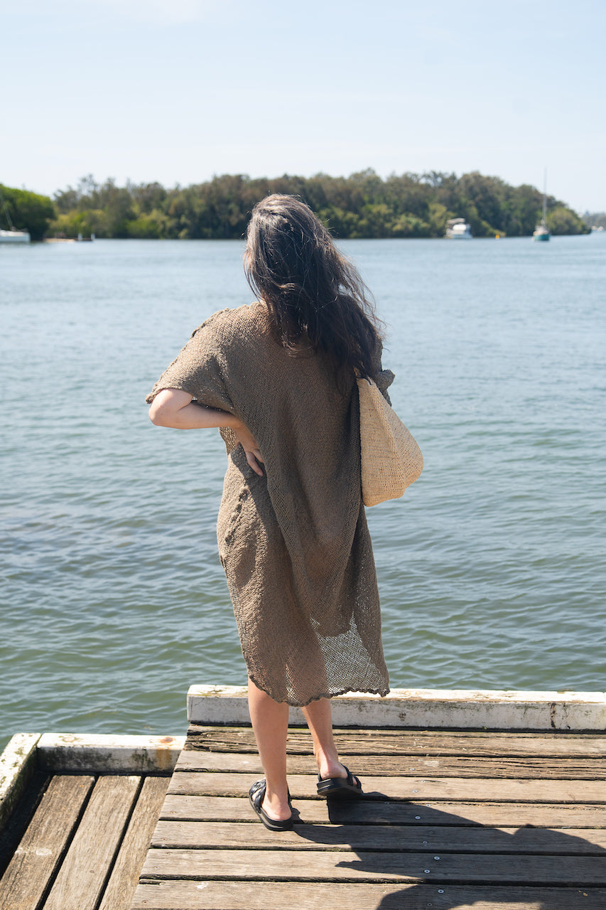 Woman Wearing La Bottega di Brunella Linen Dress Vestito Fausta Campagna - Fossil - Dress LUXAMORE