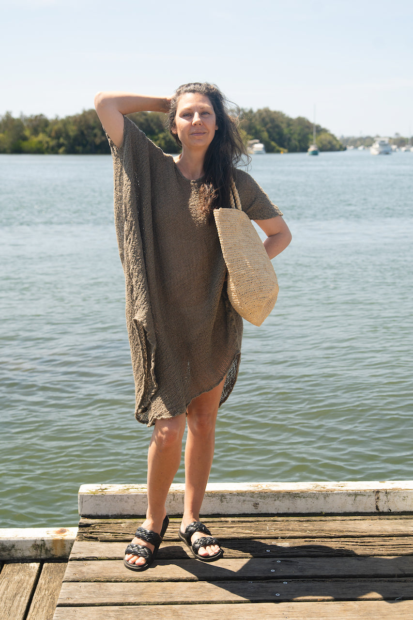 Woman Wearing La Bottega di Brunella Linen Dress Vestito Fausta Campagna - Fossil - Dress LUXAMORE