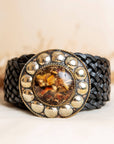 Woman Wearing Lula Natura Satu Wide Black Leather Belt With Brown Stone - Belt LUXAMORE