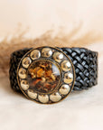Woman Wearing Lula Natura Satu Wide Black Leather Belt With Brown Stone - Belt LUXAMORE