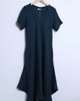 Linen Dress Bias Cut Maxi Made in Italy - Navy worn by model in natural setting LUXAMORE