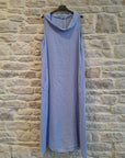 Linen Dress Made in Italy: Sleeveless Boat Neck Maxi Blue worn by model in natural setting LUXAMORE