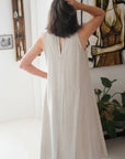 Linen Dress Maxi High Collar Made in Italy - Beige - One size worn by model in natural setting LUXAMORE
