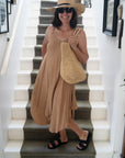 Woman Wearing Linen Dress Maxi Made in Italy - Camel - One size - Dress LUXAMORE