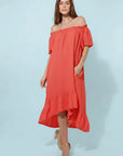 Linen Dress Maxi Off Shoulder Made in Italy Coral - LUXAMORE