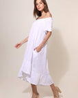 Linen Dress Maxi Off Shoulder Made in Italy Coral - LUXAMORE