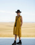 Linen Dress Midi A Line Pockets Made in Italy Yellow LUXAMORE