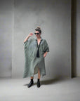 Woman Wearing Linen Dress Oversize Maxi Kaftan Made in Italy Olive - Dress LUXAMORE