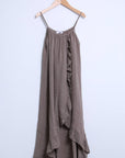 Woman Wearing Linen Dress Ruffled Thin Strap Maxi Made in Italy - Taupe - One Size - Dress LUXAMORE