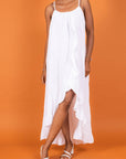 Woman Wearing Linen Dress Ruffled Thin Strap Maxi Made in Italy - Taupe - One Size - Dress LUXAMORE