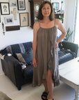 Woman Wearing Linen Dress Ruffled Thin Strap Maxi Made in Italy - Taupe - One Size - Dress LUXAMORE