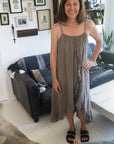 Woman Wearing Linen Dress Ruffled Thin Strap Maxi Made in Italy - Taupe - One Size - Dress LUXAMORE