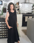 Woman Wearing Linen Dress Sleeveless Raw Edge, Maxi Made in Italy Black - Dress LUXAMORE