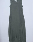 Linen Dress Sleeveless Raw Edge, Maxi Made in Italy Khaki worn by model in natural setting LUXAMORE