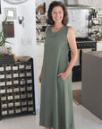Linen Dress Sleeveless Raw Edge, Maxi Made in Italy Khaki worn by model in natural setting LUXAMORE