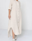 Woman Wearing Linen Shirtdress, Button-Up, Maxi Made in Italy Beige - Dress LUXAMORE