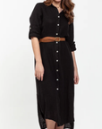 Linen Shirtdress, Button-Up, Maxi Made in Italy Black worn by model in natural setting LUXAMORE