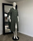 Woman Wearing Linen Shirtdress, Button-Up, Maxi Made in Italy Khaki - LUXAMORE